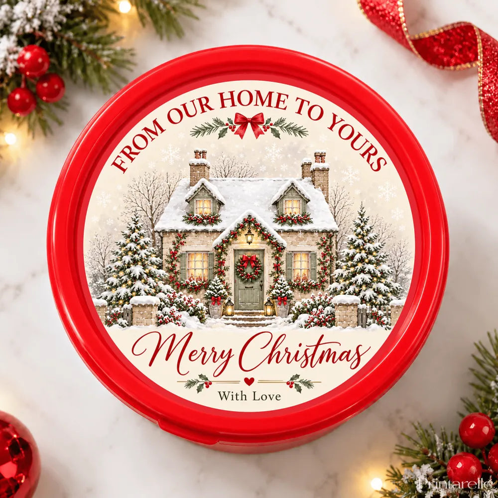 Red circular chocolate tub with snow-dusted cottage and christmas gifts message from our home to yours design