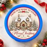 Blue plastic christmas chocolate tub featuring a snow-dusted cottage and festive holiday greetings perfect for christmas gifts