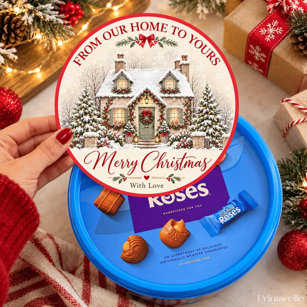 A festive blue chocolate tub featuring a snow-dusted cottage lid perfect for christmas gifts from cadbury roses