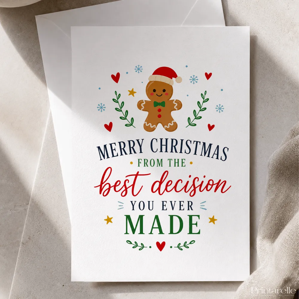White christmas card featuring a smiling gingerbread man in red and green attire for your best decision gift