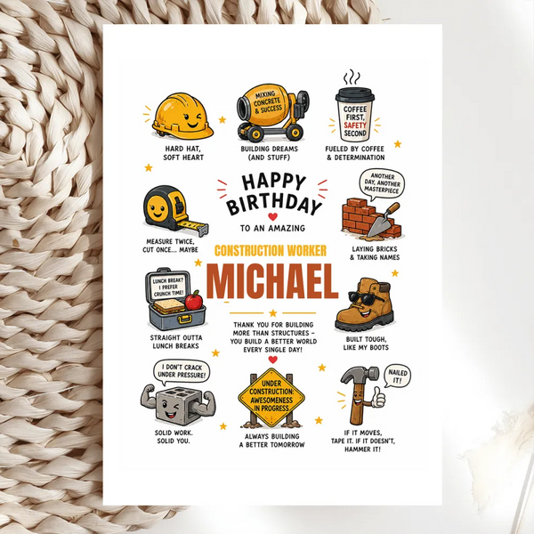 Funny construction worker birthday card with cheerful cartoon style tools and hard hat soft heart phrase for michael