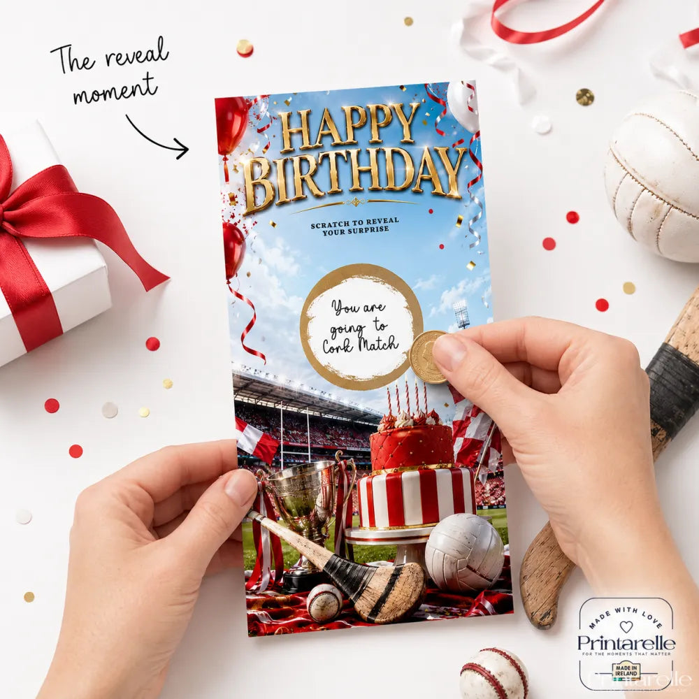 A gaa birthday scratch card with a red and white striped cake, trophies, sports gear, and a gold scratch sticker under blue sky