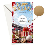 Red and white striped birthday cake with gold trim and candles featured on a gaa birthday scratch card with gold scratch sticker