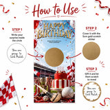 Red and white striped birthday scratch cake with gold scratch sticker on a gaa birthday scratch card