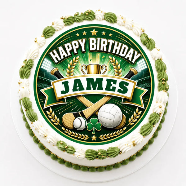 Green and gold edible cake topper with happy birthday james design featuring wooden bats trophy and sports theme