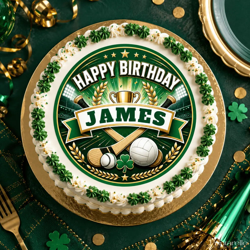 Green and gold edible cake topper icing sheet featuring crossed hurleys, a trophy, and sports balls for hurling birthdays