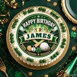 Green and gold edible cake topper icing sheet featuring crossed hurleys, a trophy, and sports balls for hurling birthdays