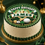 A white frosted birthday cake with a green and gold edible cake topper featuring hurleys soccer and a shamrock