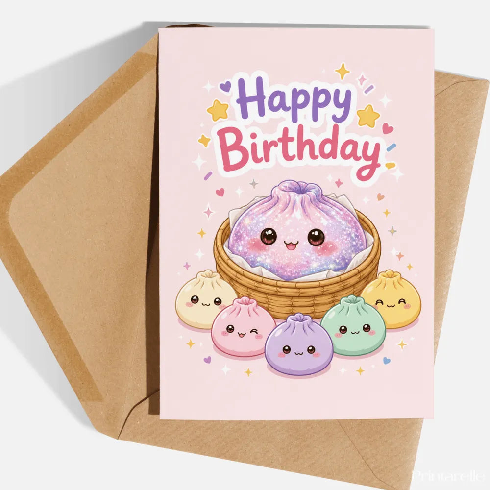 Galaxy Dumpling Birthday Card | Glitter Kawaii Bao - centre stage, birthday card, kraft envelope included, dumpling