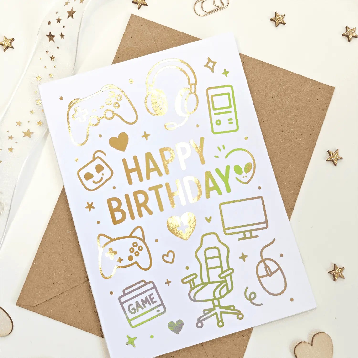 Gamer Birthday Card with Gold Holographic Foil - Greeting Card