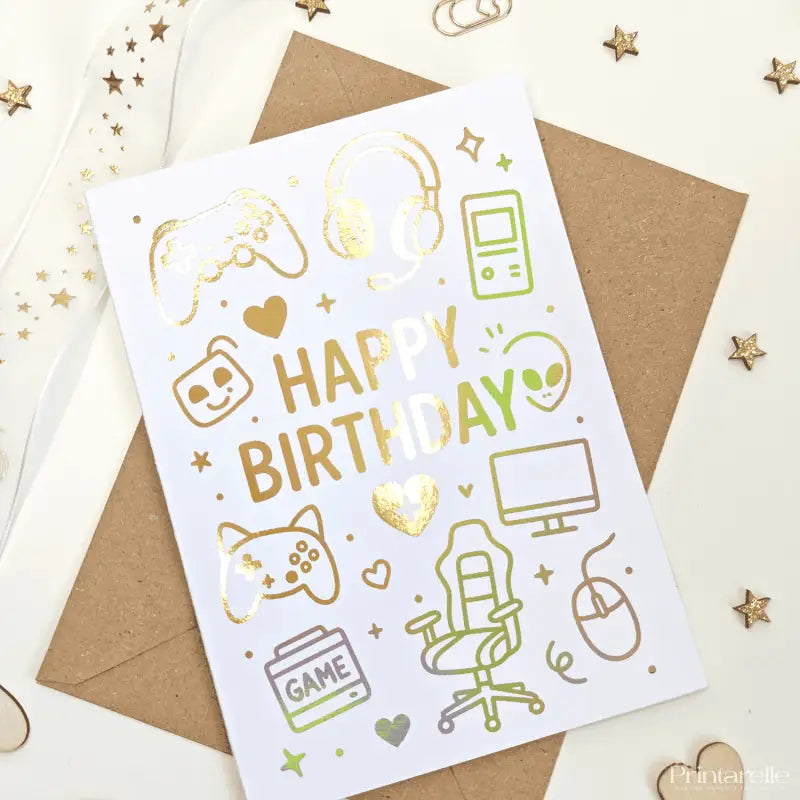 Gamer Birthday Card with Gold Holographic Foil - Greeting Card