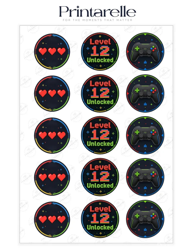 Black circular gaming birthday cupcake toppers with pixel hearts level unlocked text and video game controller design