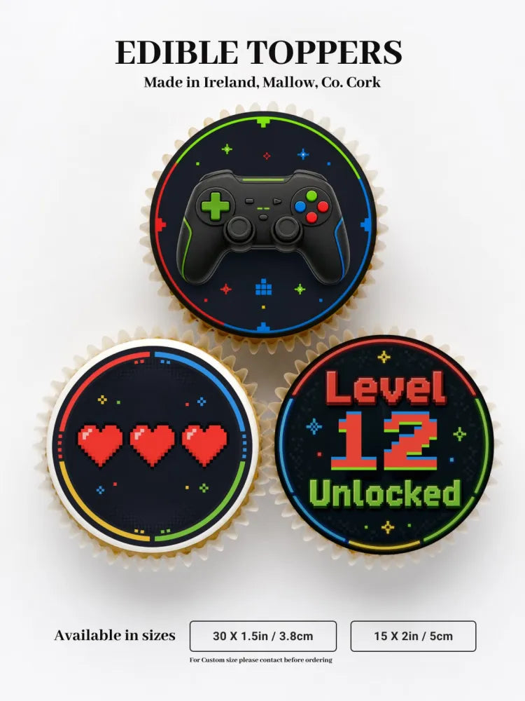 Black edible pixelated video game controller cupcake topper with colorful buttons for gaming birthday level unlocked fun