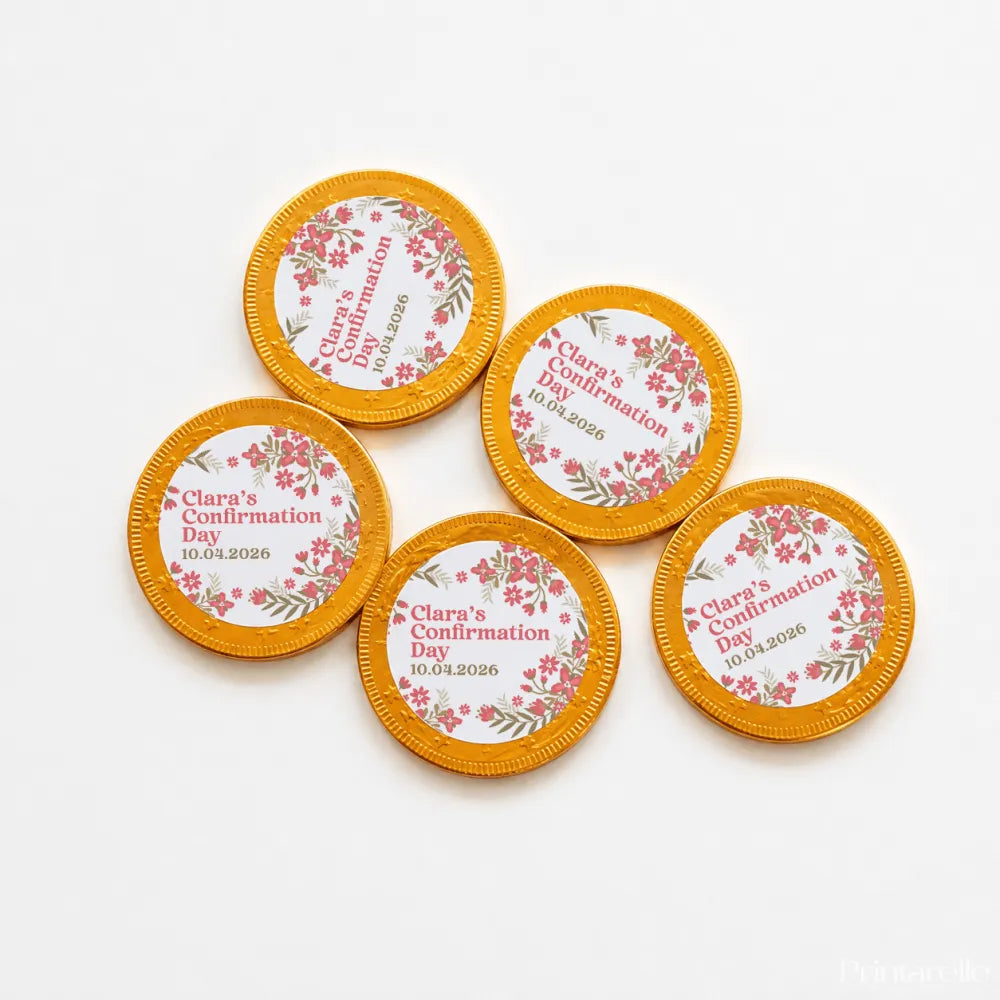 Golden 40mm milk chocolate coins with pink floral designs personalized for claras confirmation day 10.04.2026