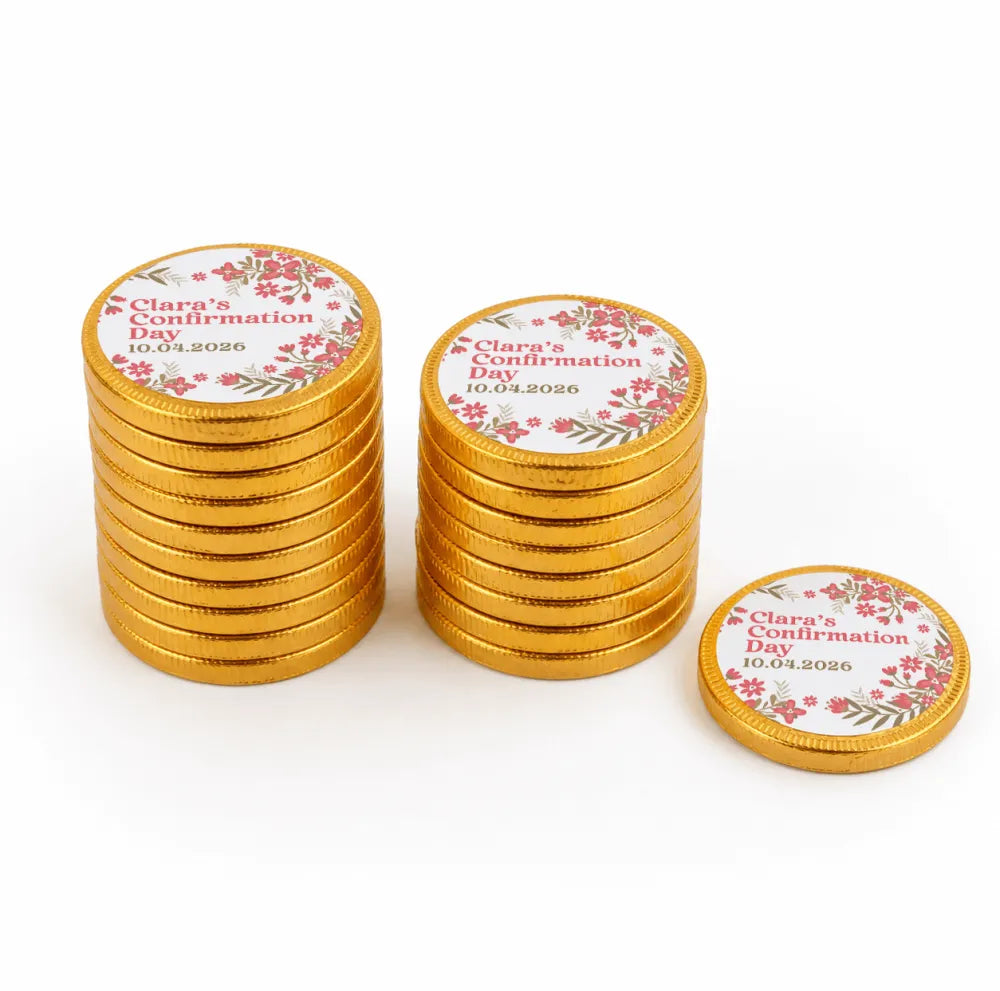 Golden confirmation chocolate coins with floral labels personalized garden blessing 40mm milk chocolate treats