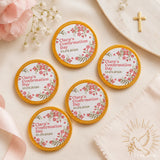 Pink and gold floral 40mm milk chocolate confirmation chocolate coins for claras confirmation day garden blessing design