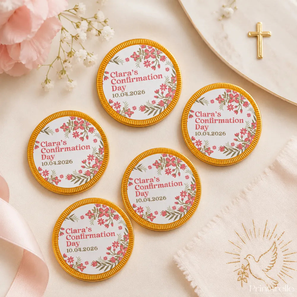 Pink and gold floral 40mm milk chocolate confirmation chocolate coins for claras confirmation day garden blessing design