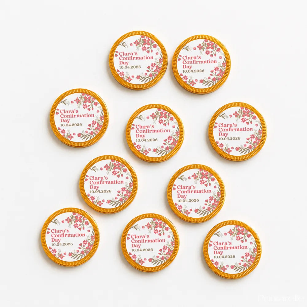 Round gold-edged 40mm milk chocolate confirmation chocolate coins with pink floral garden blessing design and personalized text