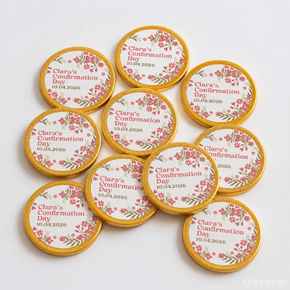 Gold-wrapped 40mm milk chocolate coins with pink floral designs and clara’s confirmation day 10.04.2026 printed centers
