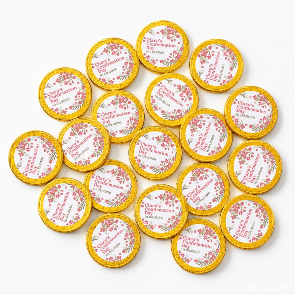 Golden 40mm milk chocolate coins with pink floral designs and clara’s confirmation day 10.04.2026 printed centers