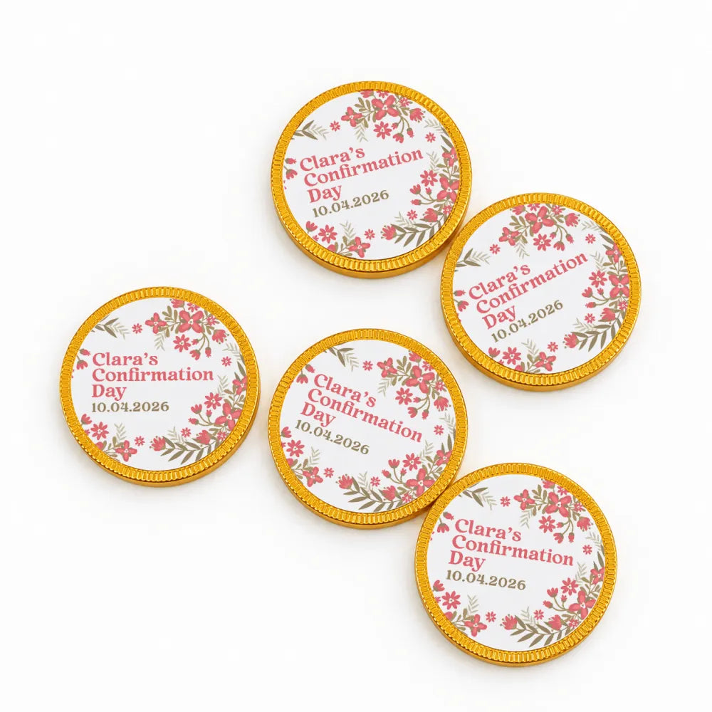 Pink and green floral-patterned 40mm milk chocolate confirmation chocolate coins personalized for claras confirmation day