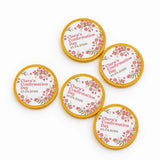 Pink and green floral-patterned 40mm milk chocolate confirmation chocolate coins personalized for claras confirmation day