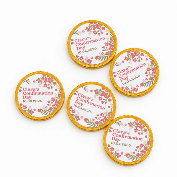 Pink and green floral-patterned 40mm milk chocolate confirmation chocolate coins personalized for claras confirmation day