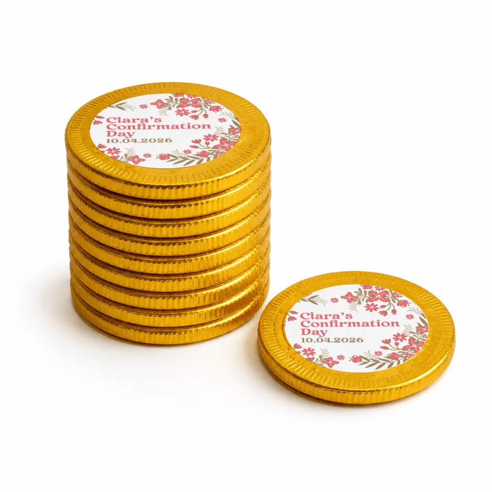 Golden 40mm milk chocolate confirmation chocolate coins with floral design and personalized text for claras confirmation day