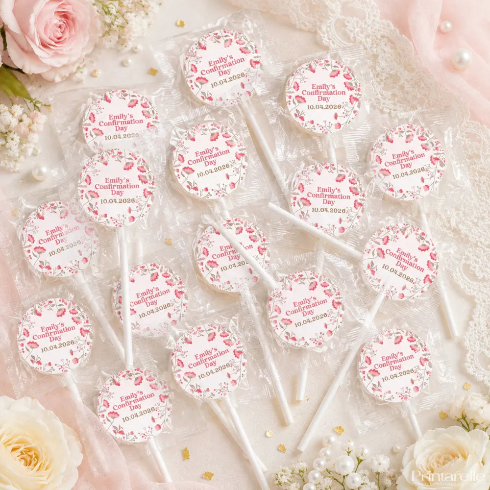 Pink floral lollipop favours with fuller wreath and olive leaves design personalized for emilys confirmation day