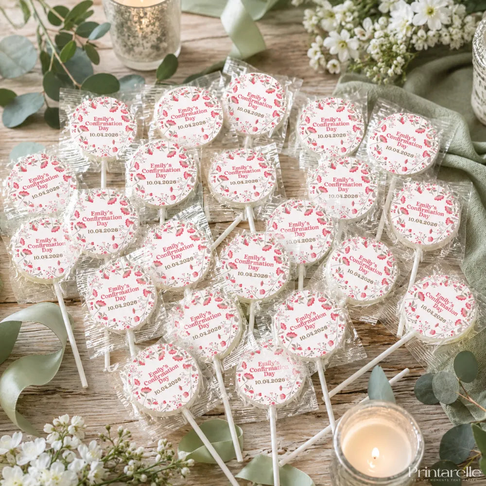 Pink floral-patterned personalised lollipop favours with fuller wreath design for emilys confirmation day 10.04.2026