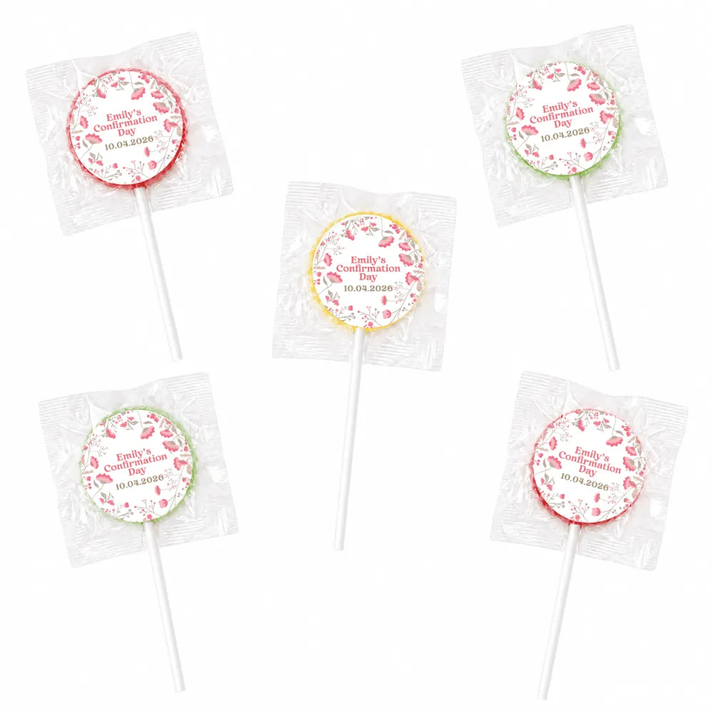 Garden blessing confirmation personalised lollipops with pink green floral wrappers and white sticks perfect as lollipop favours