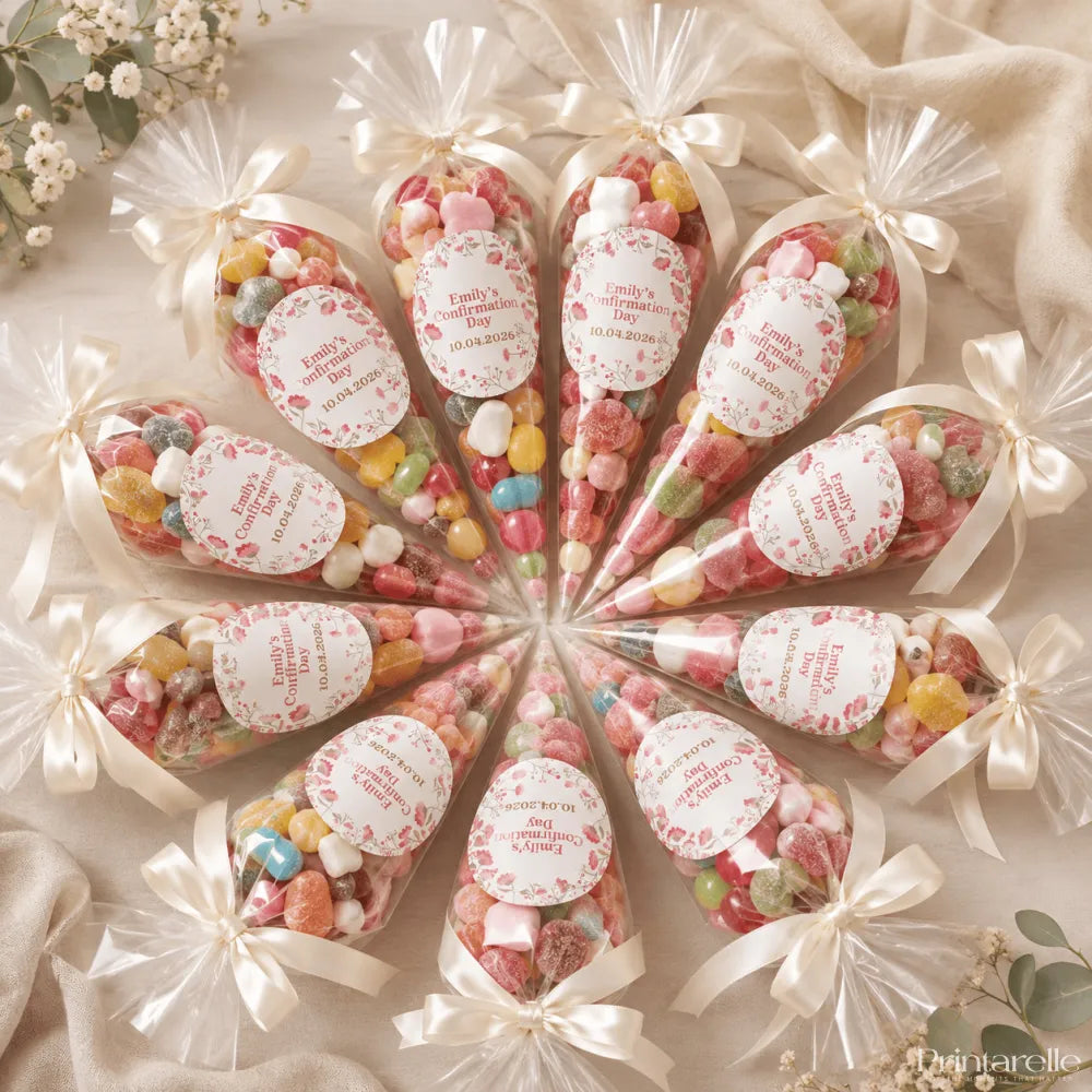 Clear plastic sweet cones filled with colorful gummies tied with white ribbons and coral floral wreath labels for confirmation day