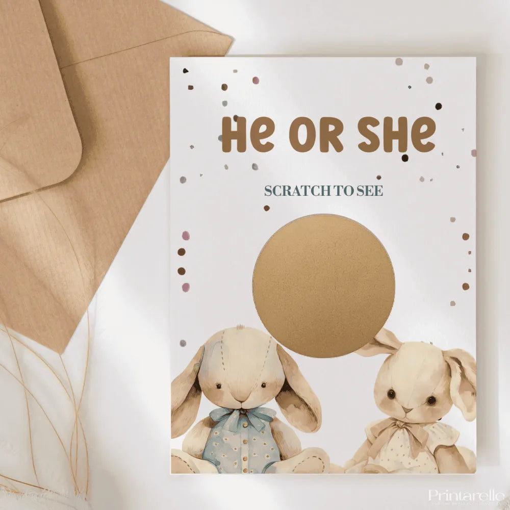 Gender reveal card with two bunnies and a scratch-off panel on a white background