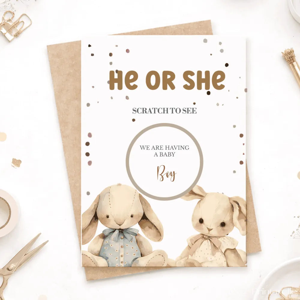 Gender reveal card with two bunnies and text 'He or She' on a white background.