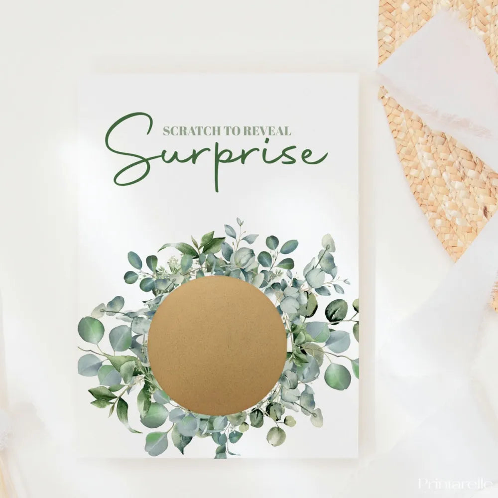 Gender Reveal Scratch Card – Eucalyptus Wreath - Greeting Card - Printarelle