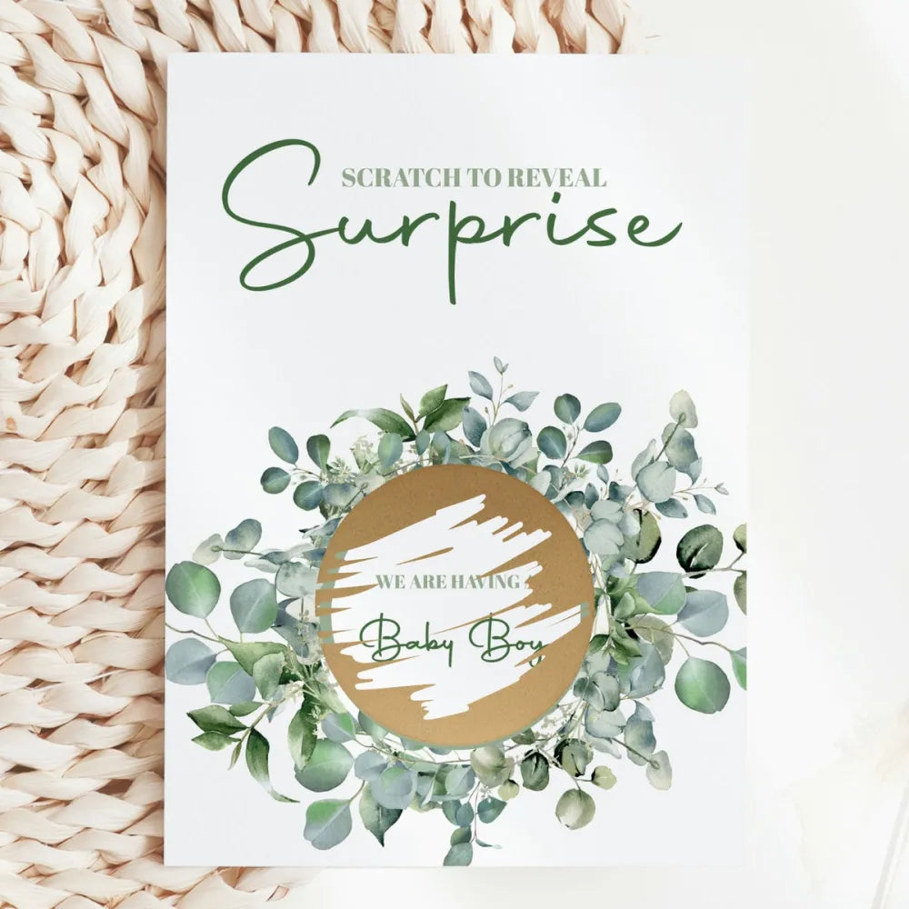 Gender Reveal Scratch Card – Eucalyptus Wreath - Greeting Card - Printarelle