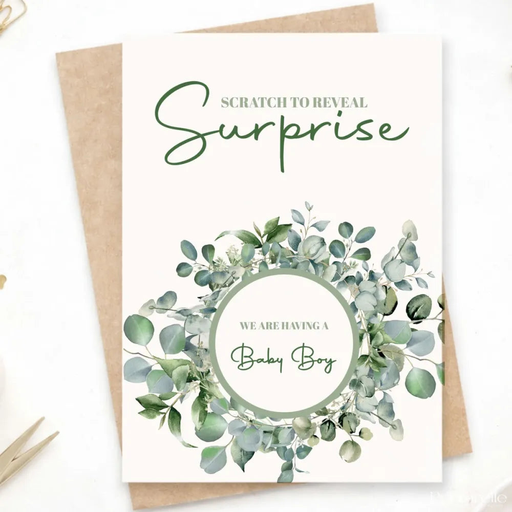 Gender Reveal Scratch Card – Eucalyptus Wreath - Greeting Card - Printarelle
