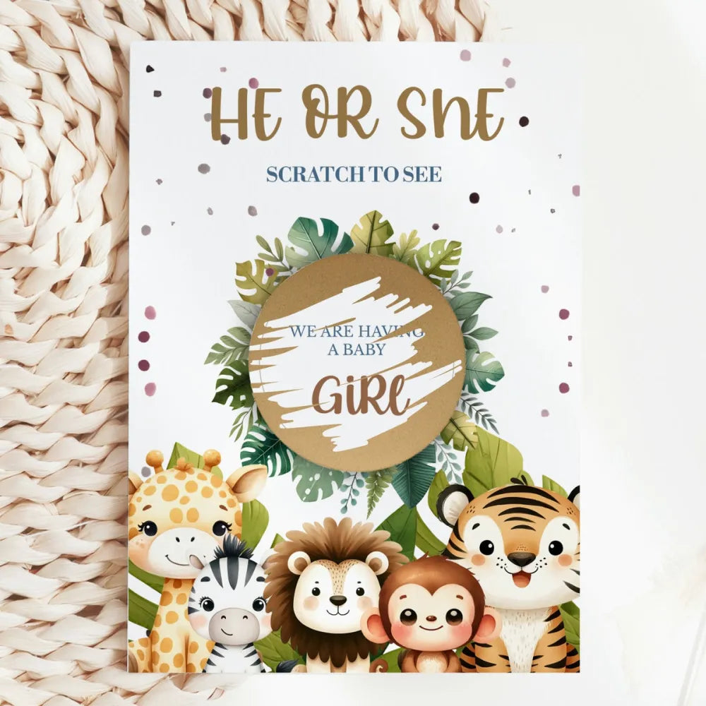 Gender Reveal Scratch Card – Jungle Animals - Greeting Card - Printarelle