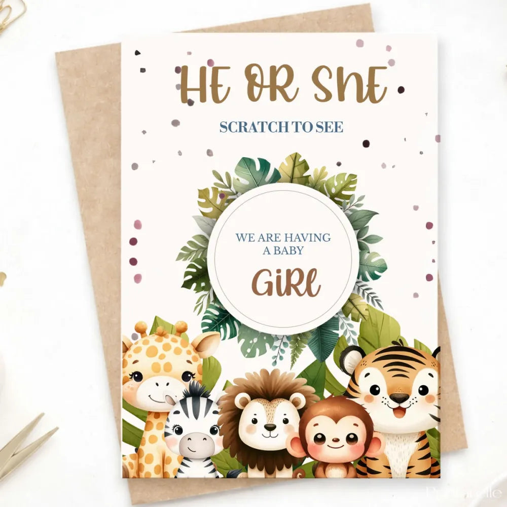 Gender Reveal Scratch Card – Jungle Animals - Greeting Card - Printarelle