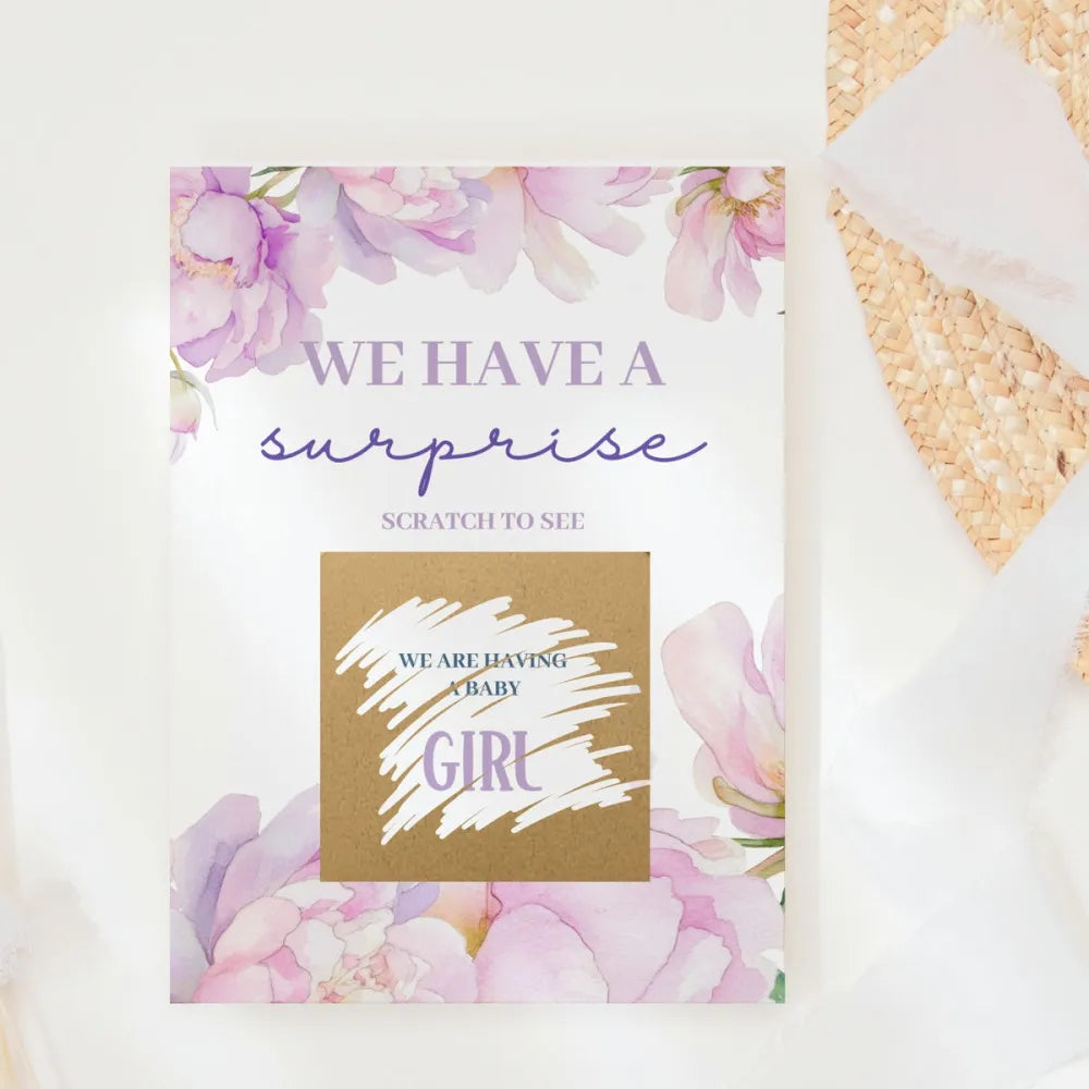 Gender Reveal Scratch Card – Peony Floral - Greeting Card - Printarelle