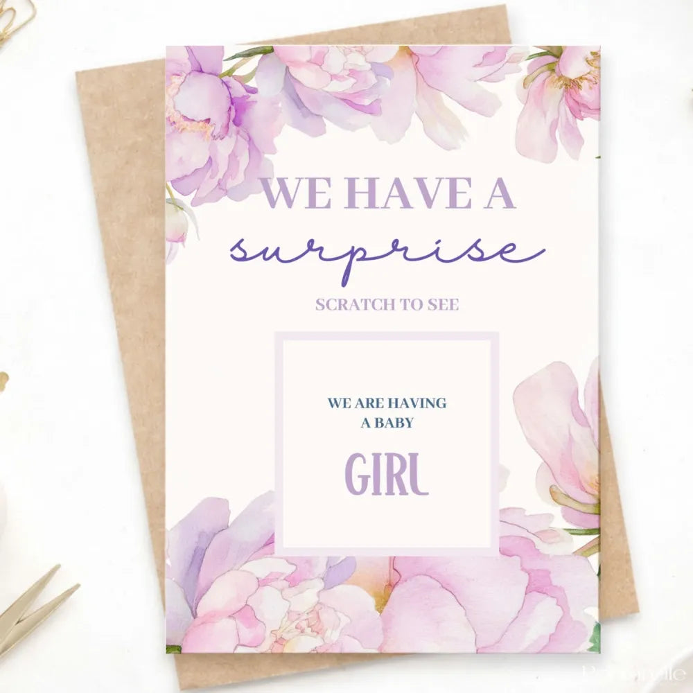 Gender Reveal Scratch Card – Peony Floral - Greeting Card - Printarelle