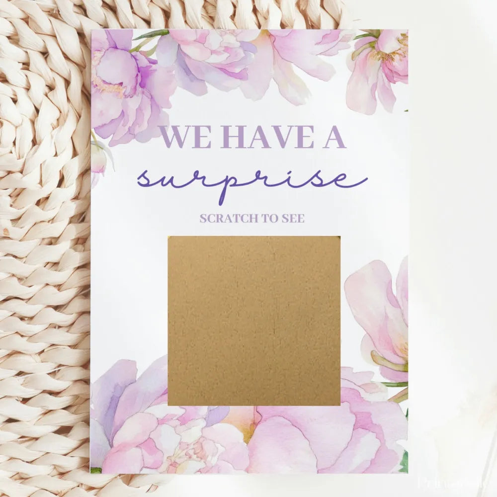 Gender Reveal Scratch Card – Peony Floral - Greeting Card - Printarelle