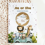 Baby shower scratch-off card with animals and text on a textured surface