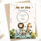 Gender reveal card with animals and text 'He or She Scratch to See We are having a baby Boy' on a white background.