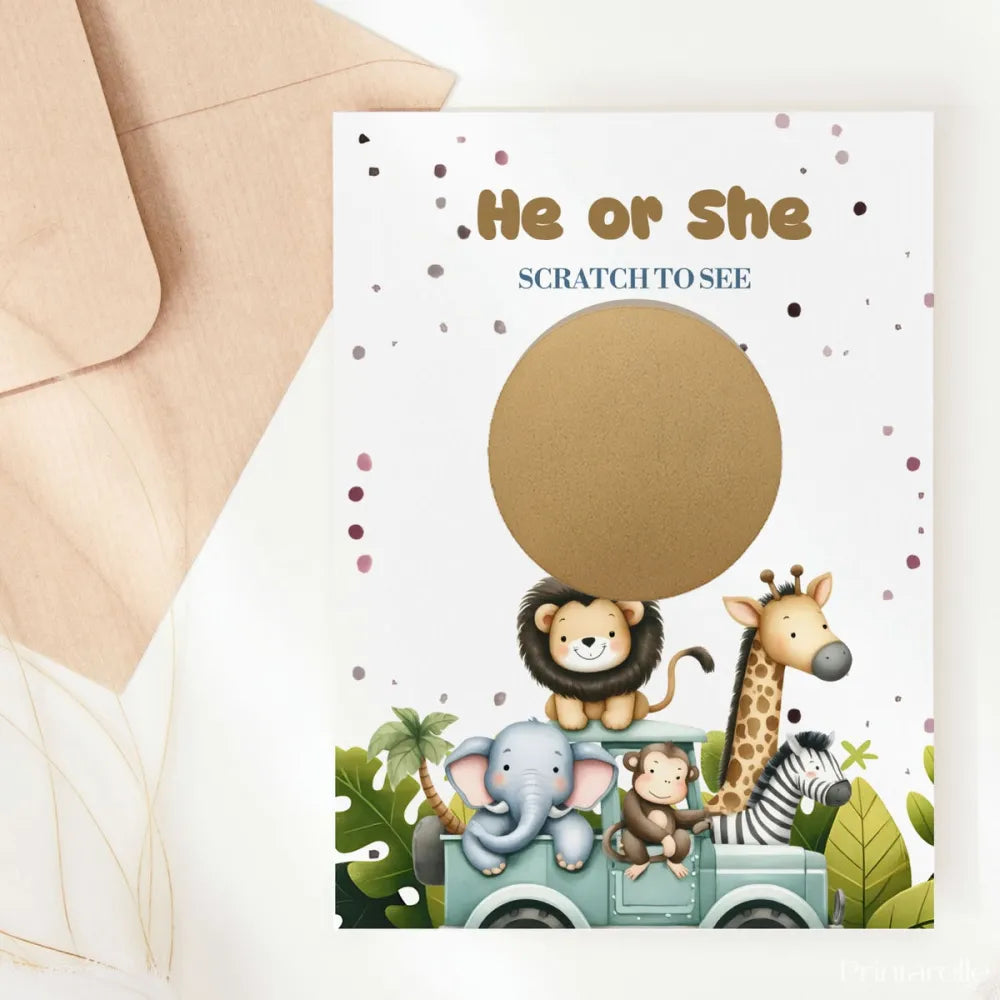 Gender reveal scratch-off card with cartoon animals and envelope