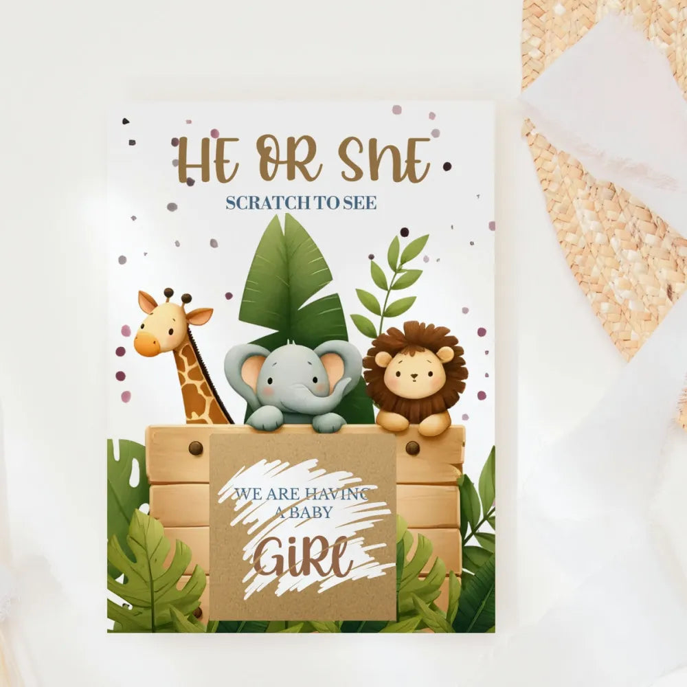 Gender Reveal Scratch Card – Safari Trio - Greeting Card - Printarelle