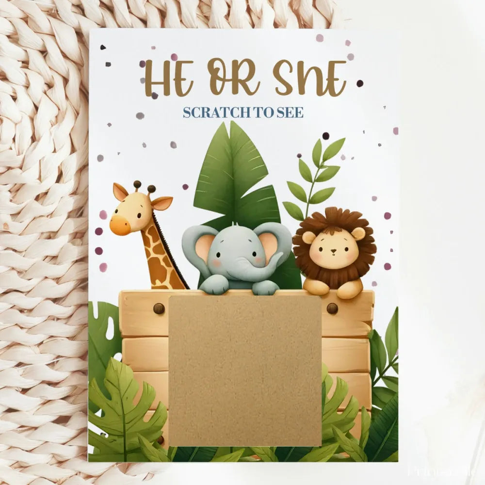 Gender Reveal Scratch Card – Safari Trio - Greeting Card - Printarelle
