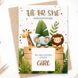 Gender Reveal Scratch Card – Safari Trio - Greeting Card - Printarelle