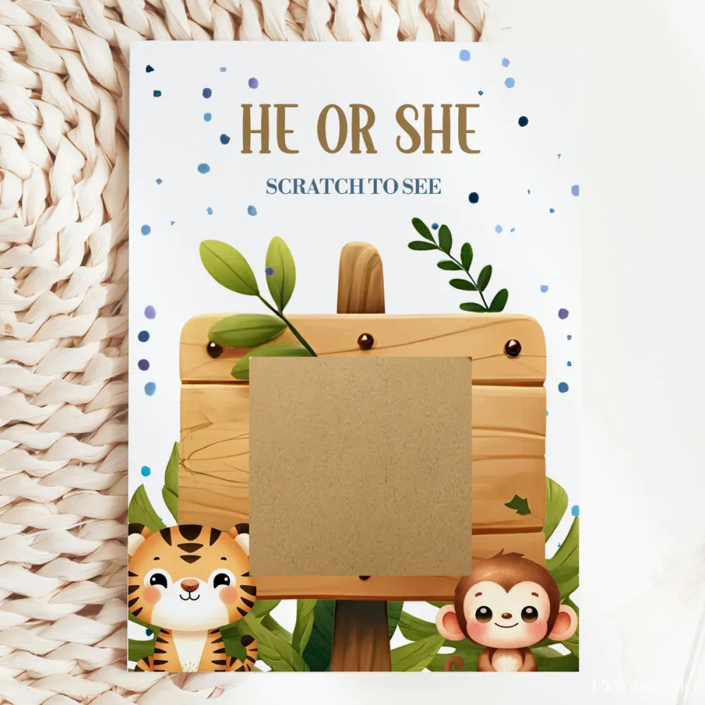 Gender Reveal Scratch Card – Tiger & Monkey - Greeting Card - Printarelle