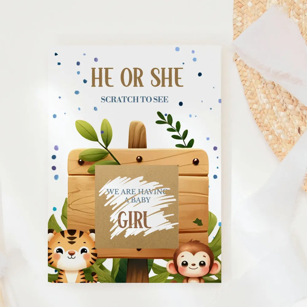 Gender Reveal Scratch Card – Tiger & Monkey - Greeting Card - Printarelle